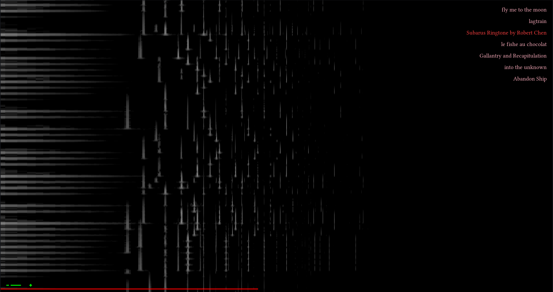 Screenshot of drizzle with a set of songs on the right, a playbar at the bottom, and the frequency spectrum of the current song
